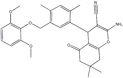 2-amino-4-{5-[(2,6-dimethoxyphenoxy)methyl]-2,4-dimethylphenyl}-7,7-dimethyl-5-oxo-5,6,7,8-tetrahydro-4H-chromene-3-carbonitrile Struktur