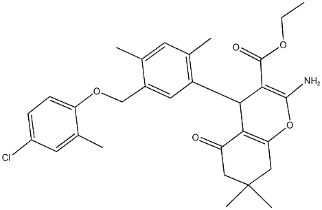 ethyl 2-amino-4-{5-[(4-chloro-2-methylphenoxy)methyl]-2,4-dimethylphenyl}-7,7-dimethyl-5-oxo-5,6,7,8-tetrahydro-4H-chromene-3-carboxylate Struktur