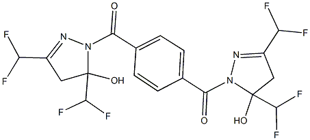 1-(4-{[3,5-bis(difluoromethyl)-5-hydroxy-4,5-dihydro-1H-pyrazol-1-yl]carbonyl}benzoyl)-3,5-bis(difluoromethyl)-4,5-dihydro-1H-pyrazol-5-ol Struktur