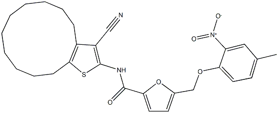 N-(3-cyano-4,5,6,7,8,9,10,11,12,13-decahydrocyclododeca[b]thien-2-yl)-5-({2-nitro-4-methylphenoxy}methyl)-2-furamide Struktur