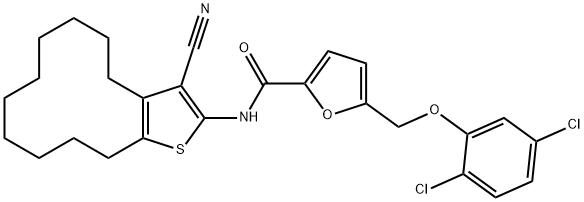 N-(3-cyano-4,5,6,7,8,9,10,11,12,13-decahydrocyclododeca[b]thien-2-yl)-5-[(2,5-dichlorophenoxy)methyl]-2-furamide Struktur