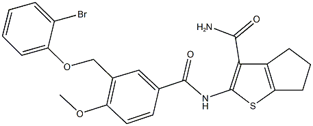 2-({3-[(2-bromophenoxy)methyl]-4-methoxybenzoyl}amino)-5,6-dihydro-4H-cyclopenta[b]thiophene-3-carboxamide Struktur