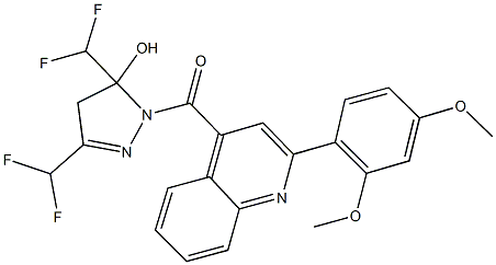 3,5-bis(difluoromethyl)-1-{[2-(2,4-dimethoxyphenyl)-4-quinolinyl]carbonyl}-4,5-dihydro-1H-pyrazol-5-ol Struktur