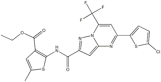 ethyl 2-({[5-(5-chloro-2-thienyl)-7-(trifluoromethyl)pyrazolo[1,5-a]pyrimidin-2-yl]carbonyl}amino)-5-methyl-3-thiophenecarboxylate Struktur