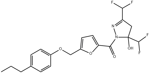 3,5-bis(difluoromethyl)-1-{5-[(4-propylphenoxy)methyl]-2-furoyl}-4,5-dihydro-1H-pyrazol-5-ol Struktur