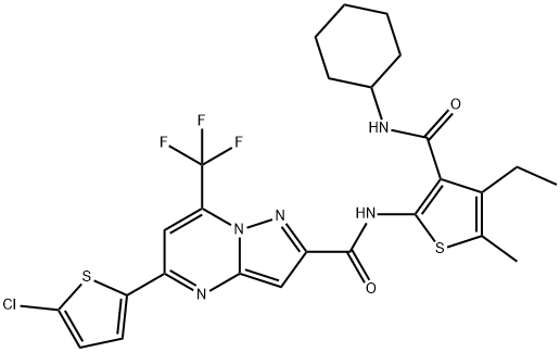 5-(5-chloro-2-thienyl)-N-{3-[(cyclohexylamino)carbonyl]-4-ethyl-5-methyl-2-thienyl}-7-(trifluoromethyl)pyrazolo[1,5-a]pyrimidine-2-carboxamide Struktur