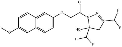 3,5-bis(difluoromethyl)-1-{[(6-methoxy-2-naphthyl)oxy]acetyl}-4,5-dihydro-1H-pyrazol-5-ol Struktur