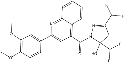 3,5-bis(difluoromethyl)-1-{[2-(3,4-dimethoxyphenyl)-4-quinolinyl]carbonyl}-4,5-dihydro-1H-pyrazol-5-ol Struktur