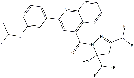 3,5-bis(difluoromethyl)-1-{[2-(3-isopropoxyphenyl)-4-quinolinyl]carbonyl}-4,5-dihydro-1H-pyrazol-5-ol Struktur