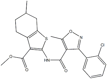 methyl 2-({[3-(2-chlorophenyl)-5-methyl-4-isoxazolyl]carbonyl}amino)-6-methyl-4,5,6,7-tetrahydro-1-benzothiophene-3-carboxylate Struktur