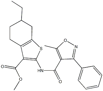 methyl 6-ethyl-2-{[(5-methyl-3-phenyl-4-isoxazolyl)carbonyl]amino}-4,5,6,7-tetrahydro-1-benzothiophene-3-carboxylate Struktur