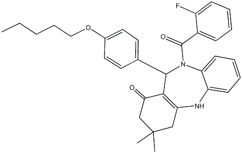 10-(2-fluorobenzoyl)-3,3-dimethyl-11-[4-(pentyloxy)phenyl]-2,3,4,5,10,11-hexahydro-1H-dibenzo[b,e][1,4]diazepin-1-one Struktur