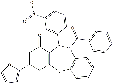 10-benzoyl-3-(2-furyl)-11-{3-nitrophenyl}-2,3,4,5,10,11-hexahydro-1H-dibenzo[b,e][1,4]diazepin-1-one Struktur