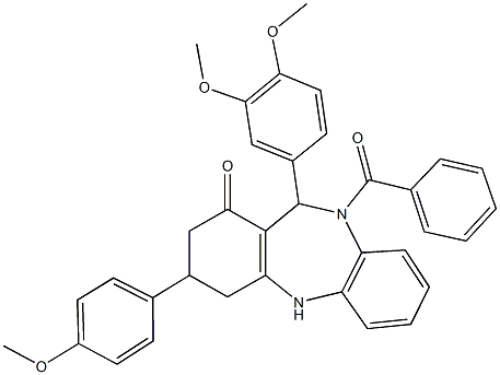 10-benzoyl-11-(3,4-dimethoxyphenyl)-3-(4-methoxyphenyl)-2,3,4,5,10,11-hexahydro-1H-dibenzo[b,e][1,4]diazepin-1-one Struktur