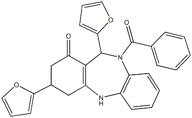 10-benzoyl-3,11-di(2-furyl)-2,3,4,5,10,11-hexahydro-1H-dibenzo[b,e][1,4]diazepin-1-one Struktur