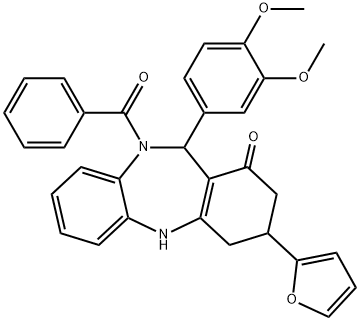 10-benzoyl-11-(3,4-dimethoxyphenyl)-3-(2-furyl)-2,3,4,5,10,11-hexahydro-1H-dibenzo[b,e][1,4]diazepin-1-one Struktur