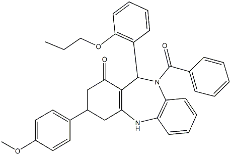 10-benzoyl-3-(4-methoxyphenyl)-11-(2-propoxyphenyl)-2,3,4,5,10,11-hexahydro-1H-dibenzo[b,e][1,4]diazepin-1-one Struktur