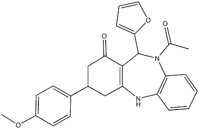 10-acetyl-11-(2-furyl)-3-(4-methoxyphenyl)-2,3,4,5,10,11-hexahydro-1H-dibenzo[b,e][1,4]diazepin-1-one Struktur