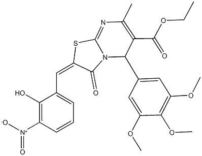 ethyl 2-{2-hydroxy-3-nitrobenzylidene}-7-methyl-3-oxo-5-(3,4,5-trimethoxyphenyl)-2,3-dihydro-5H-[1,3]thiazolo[3,2-a]pyrimidine-6-carboxylate Struktur