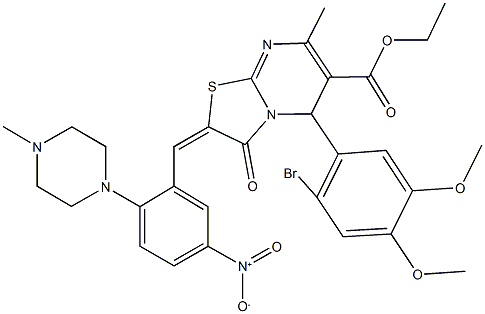 ethyl 5-(2-bromo-4,5-dimethoxyphenyl)-2-[5-nitro-2-(4-methyl-1-piperazinyl)benzylidene]-7-methyl-3-oxo-2,3-dihydro-5H-[1,3]thiazolo[3,2-a]pyrimidine-6-carboxylate Struktur