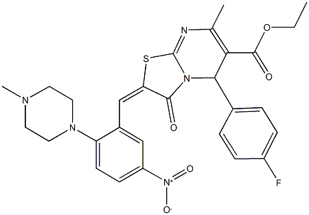 ethyl 5-(4-fluorophenyl)-2-[5-nitro-2-(4-methyl-1-piperazinyl)benzylidene]-7-methyl-3-oxo-2,3-dihydro-5H-[1,3]thiazolo[3,2-a]pyrimidine-6-carboxylate Struktur