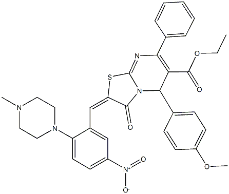 ethyl 2-[5-nitro-2-(4-methyl-1-piperazinyl)benzylidene]-5-(4-methoxyphenyl)-3-oxo-7-phenyl-2,3-dihydro-5H-[1,3]thiazolo[3,2-a]pyrimidine-6-carboxylate Struktur