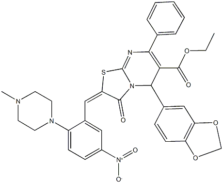 ethyl 5-(1,3-benzodioxol-5-yl)-2-[5-nitro-2-(4-methyl-1-piperazinyl)benzylidene]-3-oxo-7-phenyl-2,3-dihydro-5H-[1,3]thiazolo[3,2-a]pyrimidine-6-carboxylate Struktur