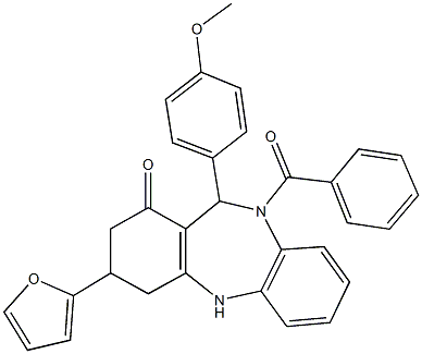 10-benzoyl-3-(2-furyl)-11-(4-methoxyphenyl)-2,3,4,5,10,11-hexahydro-1H-dibenzo[b,e][1,4]diazepin-1-one Struktur