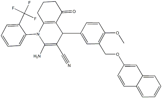 2-amino-4-{4-methoxy-3-[(2-naphthyloxy)methyl]phenyl}-5-oxo-1-[2-(trifluoromethyl)phenyl]-1,4,5,6,7,8-hexahydro-3-quinolinecarbonitrile Struktur