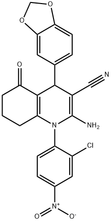 2-amino-4-(1,3-benzodioxol-5-yl)-1-{2-chloro-4-nitrophenyl}-5-oxo-1,4,5,6,7,8-hexahydro-3-quinolinecarbonitrile Struktur