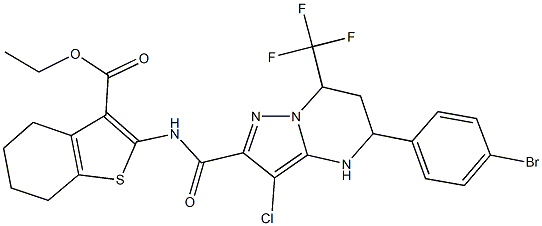 ethyl 2-({[5-(4-bromophenyl)-3-chloro-7-(trifluoromethyl)-4,5,6,7-tetrahydropyrazolo[1,5-a]pyrimidin-2-yl]carbonyl}amino)-4,5,6,7-tetrahydro-1-benzothiophene-3-carboxylate Struktur