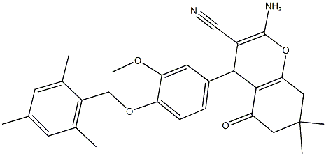 2-amino-4-[4-(mesitylmethoxy)-3-methoxyphenyl]-7,7-dimethyl-5-oxo-5,6,7,8-tetrahydro-4H-chromene-3-carbonitrile Struktur