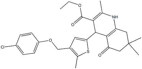 ethyl 4-{4-[(4-chlorophenoxy)methyl]-5-methyl-2-thienyl}-2,7,7-trimethyl-5-oxo-1,4,5,6,7,8-hexahydro-3-quinolinecarboxylate Struktur