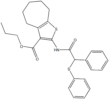 propyl 2-{[phenyl(phenylsulfanyl)acetyl]amino}-5,6,7,8-tetrahydro-4H-cyclohepta[b]thiophene-3-carboxylate Struktur