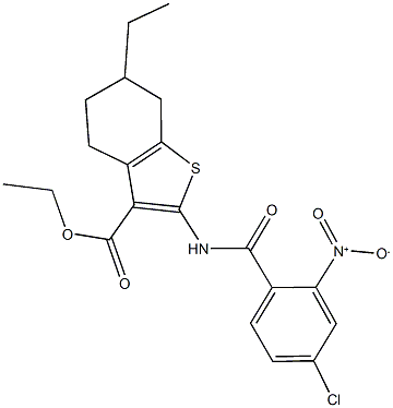 ethyl 2-({4-chloro-2-nitrobenzoyl}amino)-6-ethyl-4,5,6,7-tetrahydro-1-benzothiophene-3-carboxylate Struktur