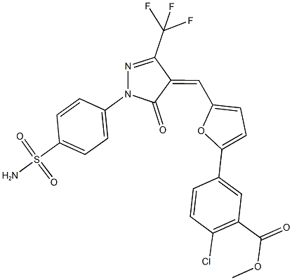 methyl 5-(5-{[1-[4-(aminosulfonyl)phenyl]-5-oxo-3-(trifluoromethyl)-1,5-dihydro-4H-pyrazol-4-ylidene]methyl}-2-furyl)-2-chlorobenzoate Struktur