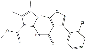 methyl 2-({[3-(2-chlorophenyl)-5-methyl-4-isoxazolyl]carbonyl}amino)-4,5-dimethyl-3-thiophenecarboxylate Struktur