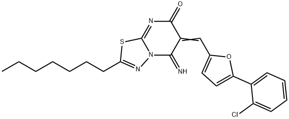 6-{[5-(2-chlorophenyl)-2-furyl]methylene}-2-heptyl-5-imino-5,6-dihydro-7H-[1,3,4]thiadiazolo[3,2-a]pyrimidin-7-one Struktur