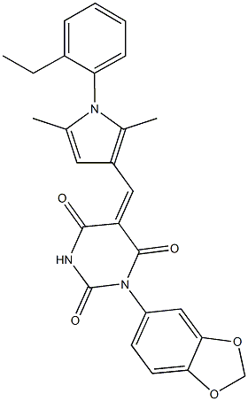 1-(1,3-benzodioxol-5-yl)-5-{[1-(2-ethylphenyl)-2,5-dimethyl-1H-pyrrol-3-yl]methylene}-2,4,6(1H,3H,5H)-pyrimidinetrione Struktur