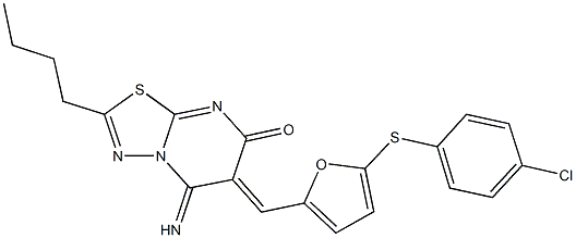 2-butyl-6-({5-[(4-chlorophenyl)sulfanyl]-2-furyl}methylene)-5-imino-5,6-dihydro-7H-[1,3,4]thiadiazolo[3,2-a]pyrimidin-7-one Struktur