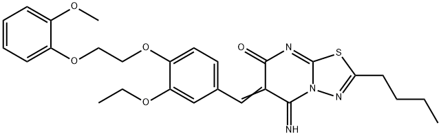 2-butyl-6-{3-ethoxy-4-[2-(2-methoxyphenoxy)ethoxy]benzylidene}-5-imino-5,6-dihydro-7H-[1,3,4]thiadiazolo[3,2-a]pyrimidin-7-one Struktur