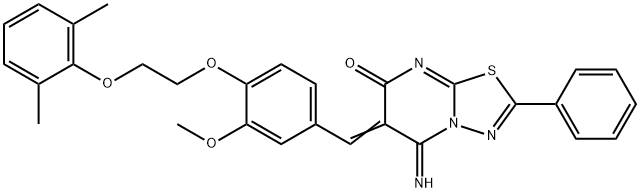 6-{4-[2-(2,6-dimethylphenoxy)ethoxy]-3-methoxybenzylidene}-5-imino-2-phenyl-5,6-dihydro-7H-[1,3,4]thiadiazolo[3,2-a]pyrimidin-7-one Struktur