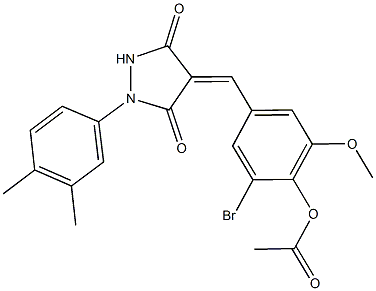 2-bromo-4-{[1-(3,4-dimethylphenyl)-3,5-dioxo-4-pyrazolidinylidene]methyl}-6-methoxyphenyl acetate Struktur