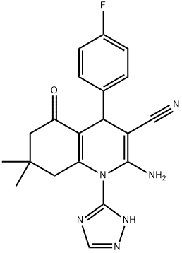 2-amino-4-(4-fluorophenyl)-7,7-dimethyl-5-oxo-1-(1H-1,2,4-triazol-3-yl)-1,4,5,6,7,8-hexahydro-3-quinolinecarbonitrile Struktur