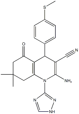 2-amino-7,7-dimethyl-4-[4-(methylsulfanyl)phenyl]-5-oxo-1-(1H-1,2,4-triazol-3-yl)-1,4,5,6,7,8-hexahydro-3-quinolinecarbonitrile Struktur