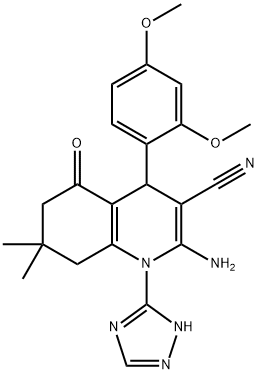 2-amino-4-(2,4-dimethoxyphenyl)-7,7-dimethyl-5-oxo-1-(1H-1,2,4-triazol-3-yl)-1,4,5,6,7,8-hexahydro-3-quinolinecarbonitrile Struktur