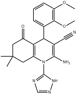 2-amino-4-(2,3-dimethoxyphenyl)-7,7-dimethyl-5-oxo-1-(1H-1,2,4-triazol-3-yl)-1,4,5,6,7,8-hexahydro-3-quinolinecarbonitrile Struktur