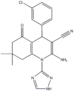 2-amino-4-(3-chlorophenyl)-7,7-dimethyl-5-oxo-1-(1H-1,2,4-triazol-3-yl)-1,4,5,6,7,8-hexahydro-3-quinolinecarbonitrile Struktur