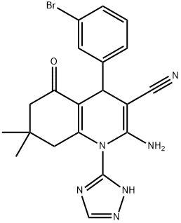 2-amino-4-(3-bromophenyl)-7,7-dimethyl-5-oxo-1-(1H-1,2,4-triazol-3-yl)-1,4,5,6,7,8-hexahydro-3-quinolinecarbonitrile Struktur