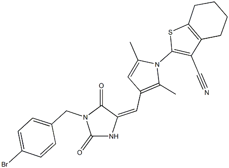 2-(3-{[1-(4-bromobenzyl)-2,5-dioxo-4-imidazolidinylidene]methyl}-2,5-dimethyl-1H-pyrrol-1-yl)-4,5,6,7-tetrahydro-1-benzothiophene-3-carbonitrile Struktur